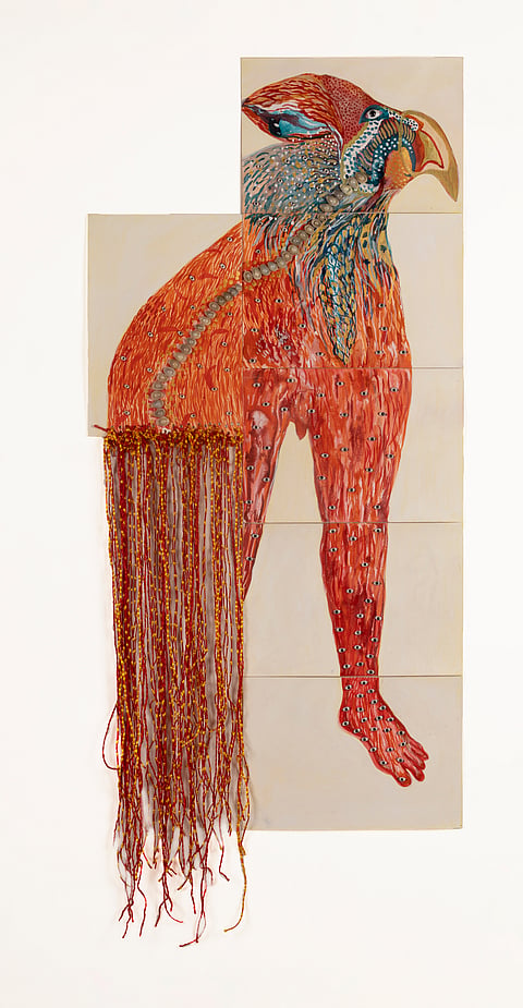"The Ancient Dream 2" is made up of acrylic ink, acrylic, stone eyes, cowries shell, threads on 100 per cent cotton and Fabriano paper